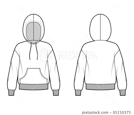 Hoody sweatshirt technical fashion illustration with long sleeves, oversized body, kangaroo pouch, rib cuff, banded hem 85210375