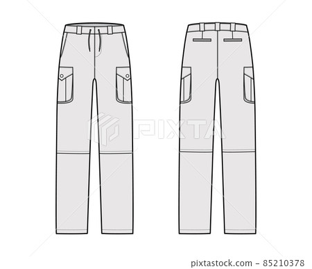 Zip-off convertible pants technical fashion illustration with low waist, high rise, box cargo jetted pockets, drawstring 85210378