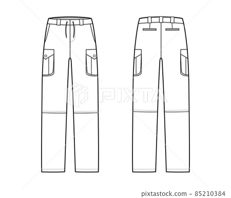 Zip-off convertible pants technical fashion illustration with low waist, high rise, box cargo jetted pockets, drawstring 85210384