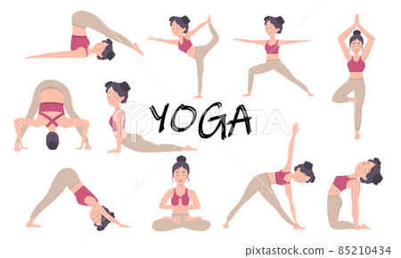 Womens Yoga set. A pretty European girl shows various asanas, in a red tracksuit. Yoga training. Vector illustration. 85210434
