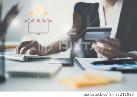 Woman enjoy with online shopping application and typing credit card for fill number to payment with virtual digital asset and metaverse icon on screen. Woman enjoy with online shopping application and typing credit card for fill number to payment with virtual digital asset and metaverse icon on screen. 85211088