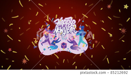 Digital composite of happy new year text with human representation amidst confetti Digital composite of happy new year text with human representation amidst confetti 85212692