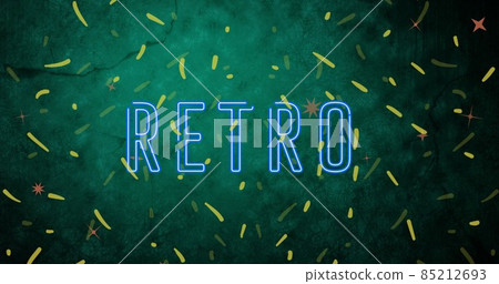 Digital composite image of illuminated neon retro text over confetti on abstract background Digital composite image of illuminated neon retro text over confetti on abstract background 85212693
