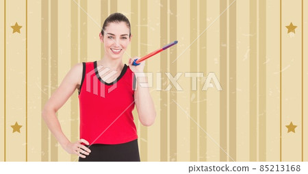 Composite image of caucasian female javelin thrower against stripes and stars on golden background Composite image of caucasian female javelin thrower against stripes and stars on golden background 85213168