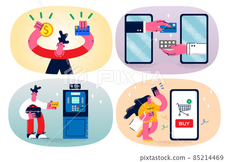 Set of people use smartphone making transactions Set of people use smartphone making transactions 85214469