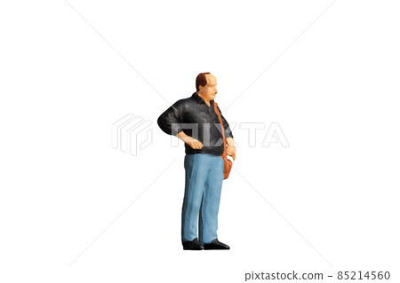 Miniature people Old man holding a shoulder bag standing on white background with clipping path Miniature people Old man holding a shoulder bag standing on white background with clipping path 85214560