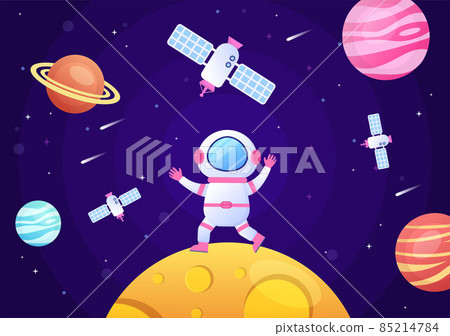 Artificial Satellites Orbiting the Planet Earth with Wireless Technology Global 5G Internet Network Communication and Astronaut in Flat Background Illustration 85214784