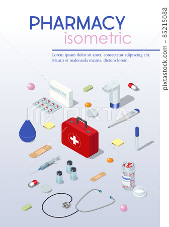 Pharmacy Poster With Isometric Icons. Vector illustration for medical or healthcare presentation. Pharmacy Poster With Isometric Icons. Vector illustration for medical or healthcare presentation. 85215088