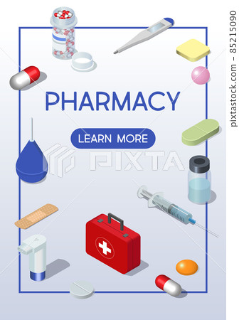 Pharmacy Poster With Isometric Icons. Vector illustration for healthcare layout template design. Pharmacy Poster With Isometric Icons. Vector illustration for healthcare layout template design. 85215090