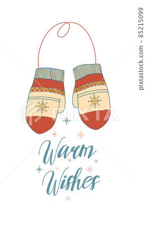Greeting Christmas card with pair of mittens and lettering isolated on white background. Greeting Christmas card with pair of mittens and lettering isolated on white background. 85215099