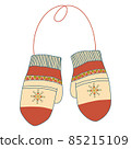 Pair of winter mittens isolated on white background. Vector illustration in boho style. Warm mitten 85215109