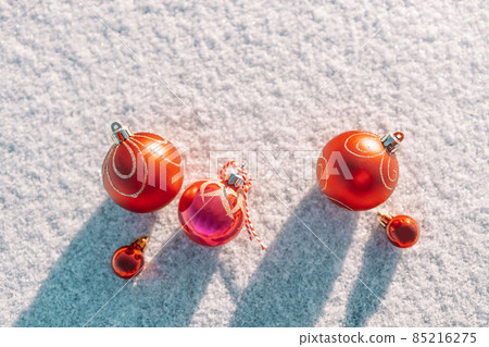 Banner with Christmas red ball decorations on snowy background with copy space for text 85216275