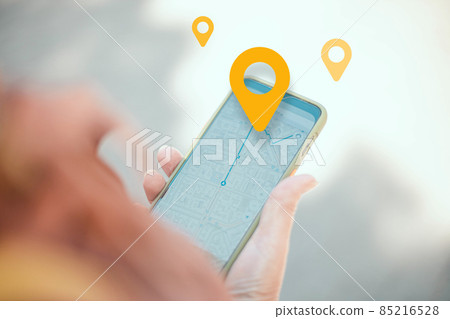 Person using ride sharing app on mobile phone at street background. Technology interenet and travel adventure concept. 85216528
