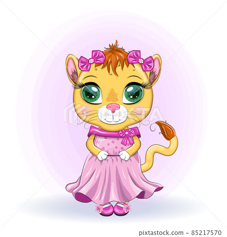 Cartoon lioness in a beautiful dress with bows and flowers. Festive postcard without an inscription. Girl character, princess 85217570
