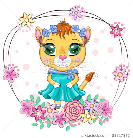 Cartoon lioness in a beautiful dress with bows and flowers. Festive postcard without an inscription. Girl character, princess 85217572