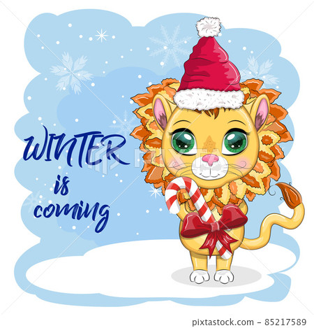 Cartoon lion in winter clothes. Winter is coming. New Year's and Christmas. Scarves, fur coat, hat, skates, gifts, candy kane and balls 85217589