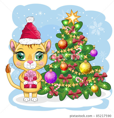 Cartoon lion in winter clothes near the Christmas tree. New Year's and Christmas. Scarves, fur coat, hat, skates, gifts, candy canes and balls as accessories 85217590