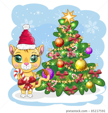 Cartoon lion in winter clothes near the Christmas tree. New Year's and Christmas. Scarves, fur coat, hat, skates, gifts, candy canes and balls as accessories 85217591