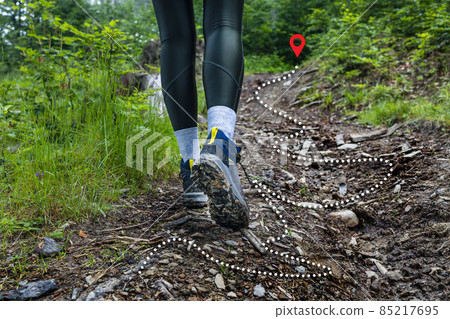 Female traveler sport shoes on trail walking in mountains, outdoor activity. Woman hiking, adventure and exercise Female traveler sport shoes on trail walking in mountains, outdoor activity. Woman hiking, adventure and exercise 85217695