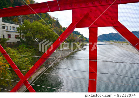 Japan's oldest modern suspension bridge Mino Bridge and Nagara River Mino City Japan's oldest modern suspension bridge Mino Bridge and Nagara River Mino City 85218074