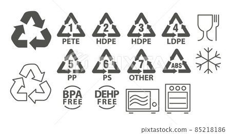 Plastic recycling identification and packaging signs and symbols. Waste sorting icons. Vector illustration. 85218186