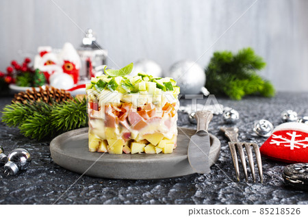 Salad Olivier. Russian traditional salad. salad with chicken and vegetables Salad Olivier. Russian traditional salad. salad with chicken and vegetables 85218526