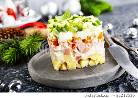 Salad Olivier. Russian traditional salad. salad with chicken and vegetables Salad Olivier. Russian traditional salad. salad with chicken and vegetables 85218530