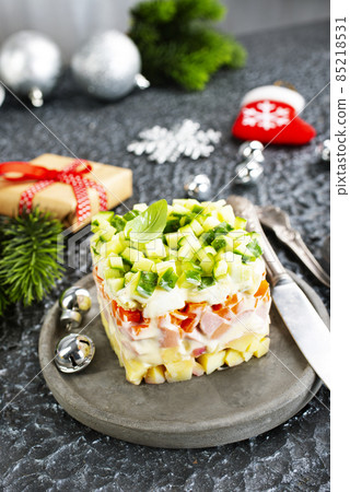 Salad Olivier. Russian traditional salad. salad with chicken and vegetables 85218531