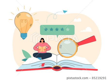 Tiny female customer reading book with good feedback Tiny female customer reading book with good feedback 85219291