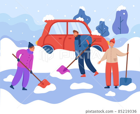 People cleaning road covered with snow after winter storm People cleaning road covered with snow after winter storm 85219336