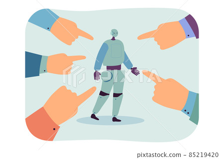 Humanoid robot surrounded by hands pointing fingers 85219420