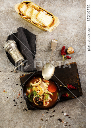 Bowl of fresh seafood soup, soup with aroma spice Bowl of fresh seafood soup, soup with aroma spice 85219761