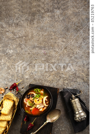Bowl of fresh seafood soup, soup with aroma spice Bowl of fresh seafood soup, soup with aroma spice 85219763