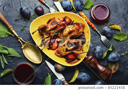 Fried quails, dietary meat, flat lay Fried quails, dietary meat, flat lay 85221438