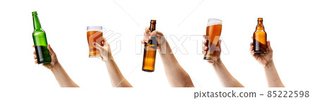 Collage of male hands holding different alcohol glasses and bottles isolated over white background 85222598