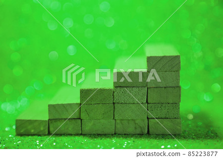 Podium for product presentation. Minimalistic staircase made of wooden cubes. A scene with geometric shapes. On a shiny green background. High quality photo Podium for product presentation. Minimalistic staircase made of wooden cubes. A scene with geometric shapes. On a shiny green background. High quality photo 85223877
