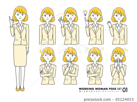 Illustration set of a woman in a suit in various poses Illustration set of a woman in a suit in various poses 85224053