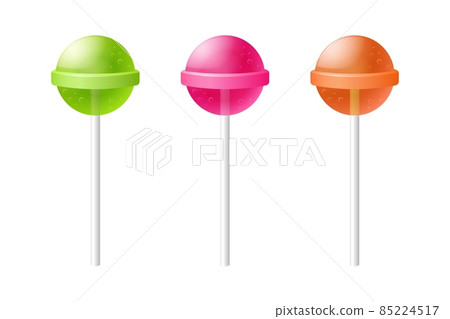 Multicolored lollipops. Green caramel candy on stick pink delicious dessert Multicolored lollipops. Green caramel candy on stick pink delicious dessert 85224517