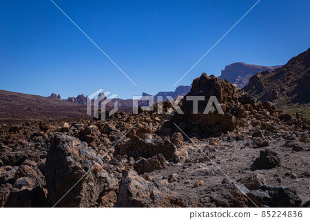 Plains view in Teide National Park with blue clear sky, Tenerife Plains view in Teide National Park with blue clear sky, Tenerife 85224836