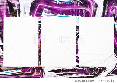 colorful urban wall texture with three wrinkled glued poster templates 85224915