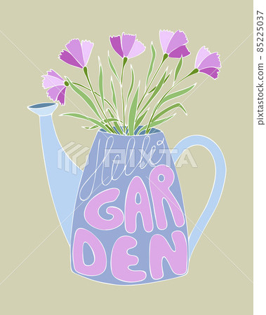 Hello Garden, spring bouquet, garden watering can and pink flowers, lettering Hello Garden. White outline. Postcard, banner, flyer. Hello Garden, spring bouquet, garden watering can and pink flowers, lettering Hello Garden. White outline. Postcard, banner, flyer. 85225037
