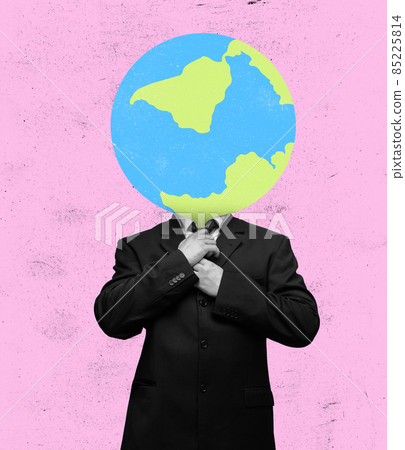 Modern design, contemporary art collage. Inspiration, idea, trendy urban magazine style. Man in business suit with earth globe instead head Modern design, contemporary art collage. Inspiration, idea, trendy urban magazine style. Man in business suit with earth globe instead head 85225814