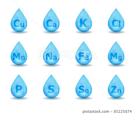 Set of mineral drop complex. Mineral K, Cl, Ca, Cu, Mn, Na, Fe, Mg, Se, Zn, S, P. Blue drug nutrition design. Multimineral pill capsule supplement illustration concept. 85225874