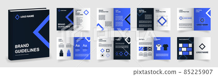Dark blue Brand Guidelines template. Brand Manual presentation in A4 size. Logo Guideline mockup. Logo Guide Book layout 85225907