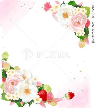 Cute watercolor style frame vector illustration material of beautiful white and pink roses, strawberries and leaves Cute watercolor style frame vector illustration material of beautiful white and pink roses, strawberries and leaves 85225909