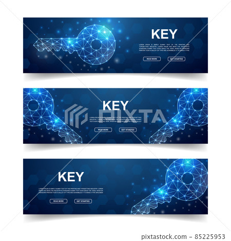 Set of three Key horizontal banners. Horizontal illustration for homepage design, promo banner. Blue Key low poly symbols with connected dots. 85225953