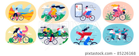 Set of diverse people riding bikes on weekend  85226168