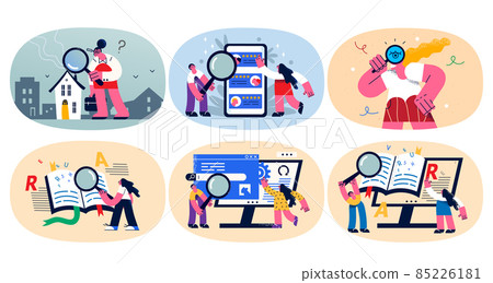 Set of people with magnifier find solution Set of people with magnifier find solution 85226181