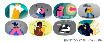 Set of upset woman struggle with mental disorder  85226382
