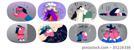Set of stressed unhappy woman suffer from depression Set of stressed unhappy woman suffer from depression 85226386